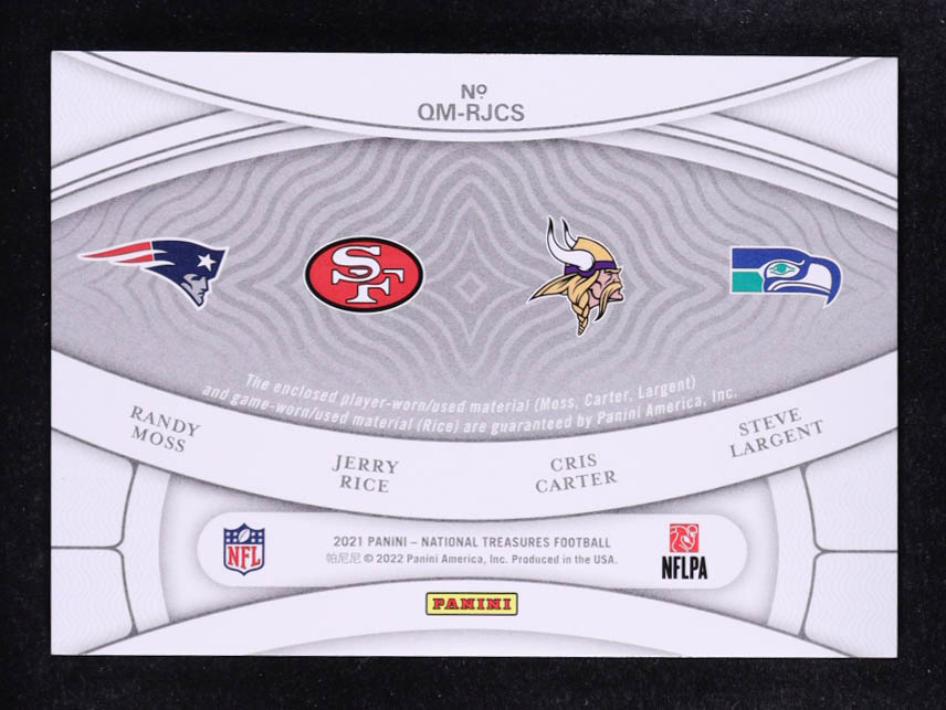 Cris Carter / Jerry Rice / Randy Moss / Steve Largent 2021 Panini National Treasures NFL Gear Quad Materials #3 #72/99 at PristineAuction.com Cris Carter / Jerry Rice / Randy Moss / Steve Largent 2021 Panini National Treasures NFL Gear Quad Materials #3 #72/99 at PristineAuction.com