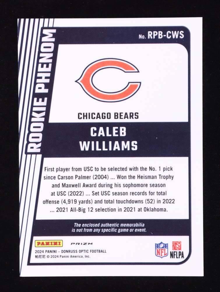 Caleb Williams 2024 Donruss Optic Rookie Phenoms Blue Hyper #1 RC at PristineAuction.com Caleb Williams 2024 Donruss Optic Rookie Phenoms Blue Hyper #1 RC at PristineAuction.com