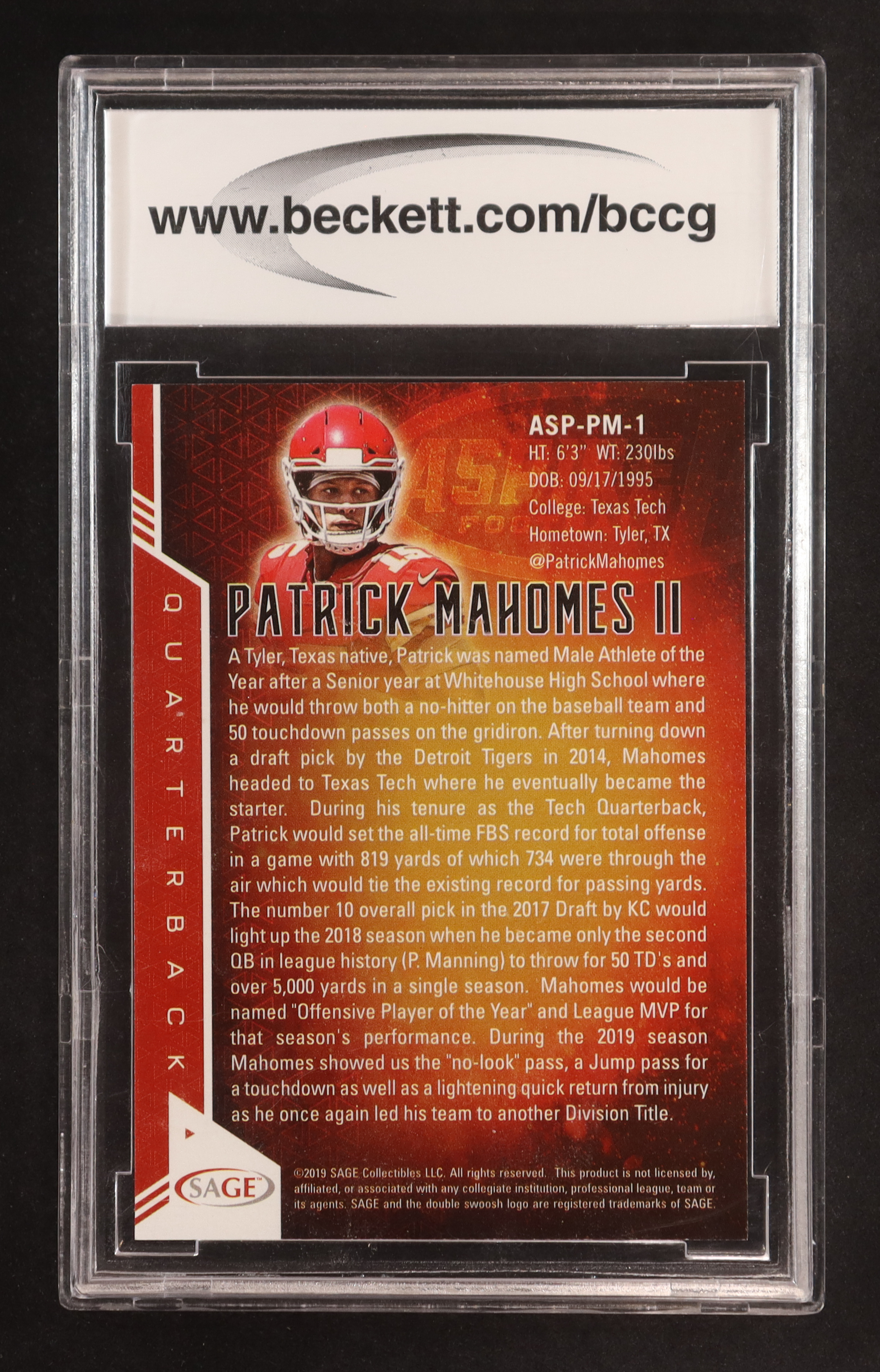 Patrick Mahomes 2019 SAGE Aspire #ASPPM1 (BCCG 10) at PristineAuction.com Patrick Mahomes 2019 SAGE Aspire #ASPPM1 (BCCG 10) at PristineAuction.com