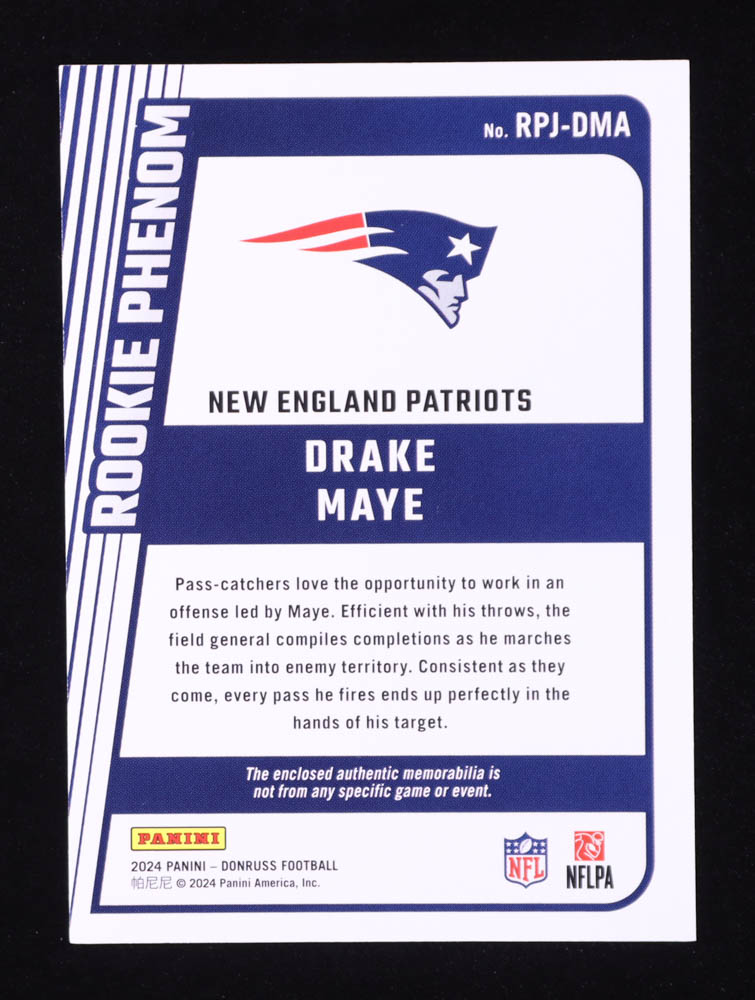 Drake Maye 2024 Donruss Rookie Phenom Jerseys #25 RC at PristineAuction.com Drake Maye 2024 Donruss Rookie Phenom Jerseys #25 RC at PristineAuction.com