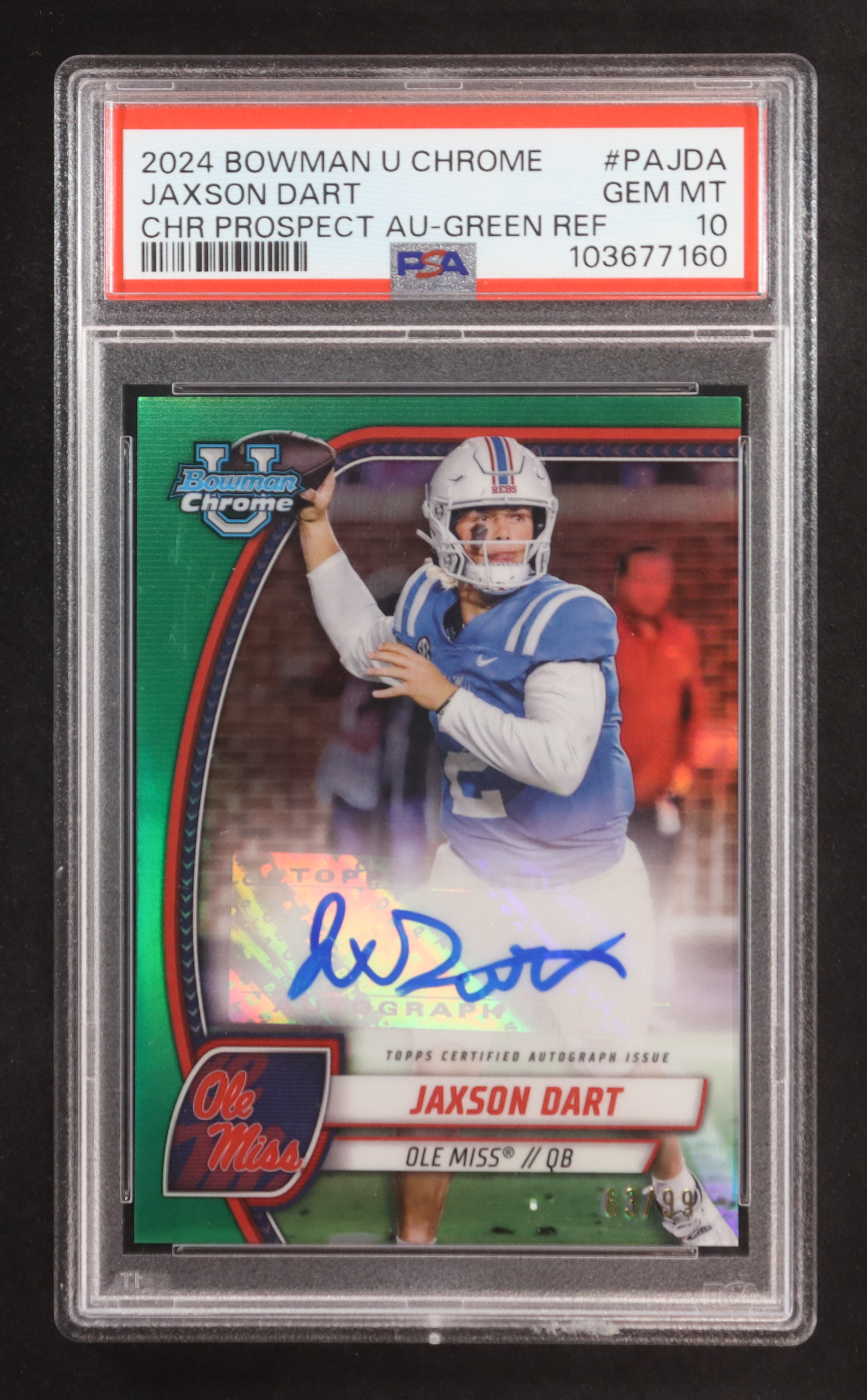 Jaxson Dart 2024 Bowman U Chrome Prospect Green Refractor Auto #PA-JDA RC #63/99 (PSA 10) at PristineAuction.com Jaxson Dart 2024 Bowman U Chrome Prospect Green Refractor Auto #PA-JDA RC #63/99 (PSA 10) at PristineAuction.com