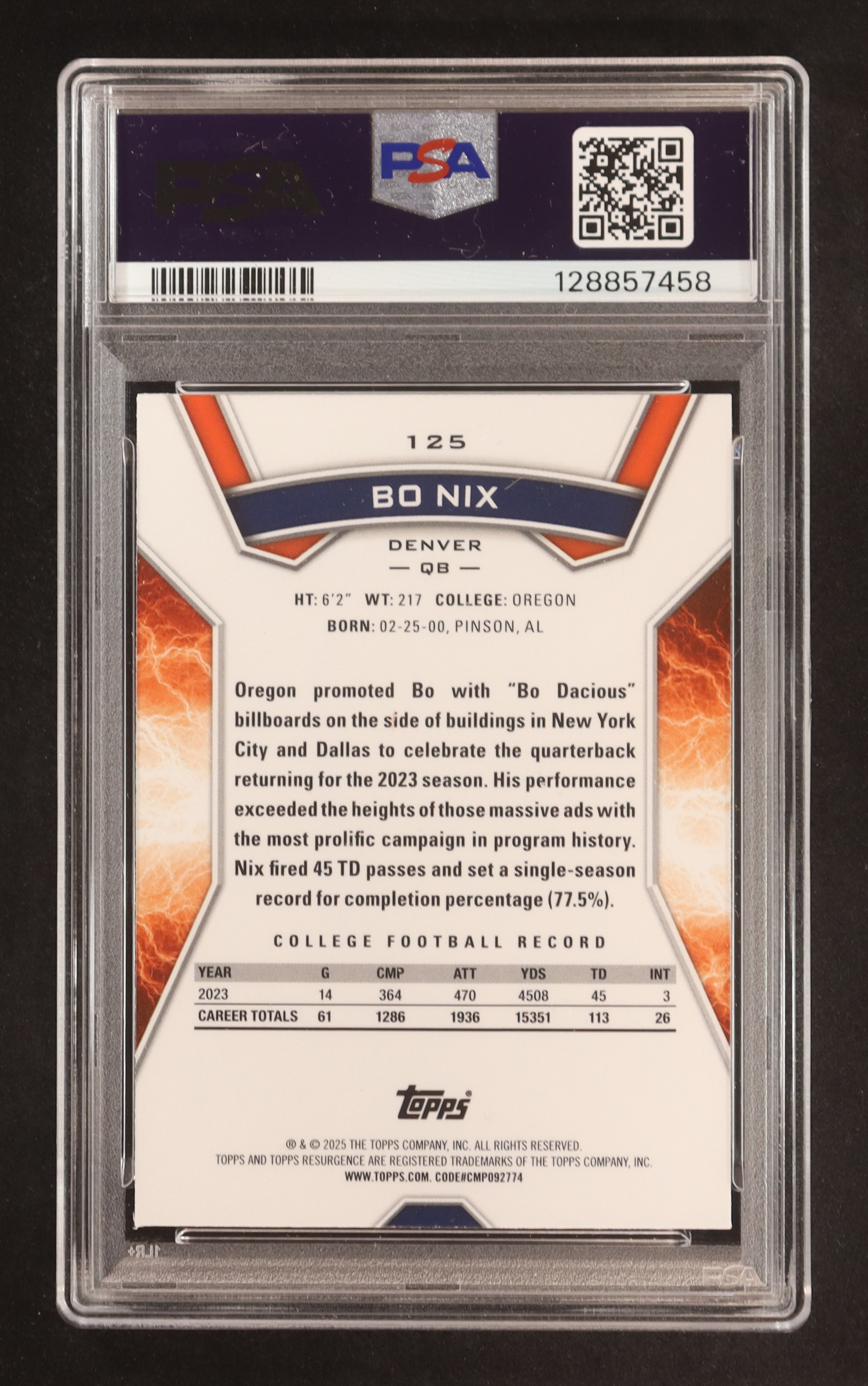 Bo Nix 2024 Topps Resurgence Blue and Orange Spark #125 RC (PSA 8) at PristineAuction.com Bo Nix 2024 Topps Resurgence Blue and Orange Spark #125 RC (PSA 8) at PristineAuction.com