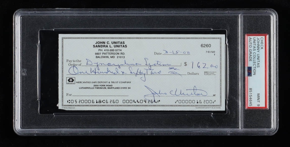 Johnny Unitas Signed 2000 Personal Check (PSA | Autograph Graded 9) at PristineAuction.com Johnny Unitas Signed 2000 Personal Check (PSA | Autograph Graded 9) at PristineAuction.com