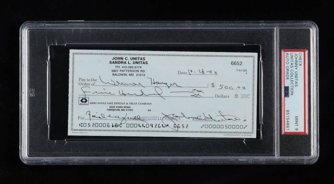 Johnny Unitas Signed 2000 Personal Check (PSA | Autograph Graded 9) at PristineAuction.com Johnny Unitas Signed 2000 Personal Check (PSA | Autograph Graded 9) at PristineAuction.com