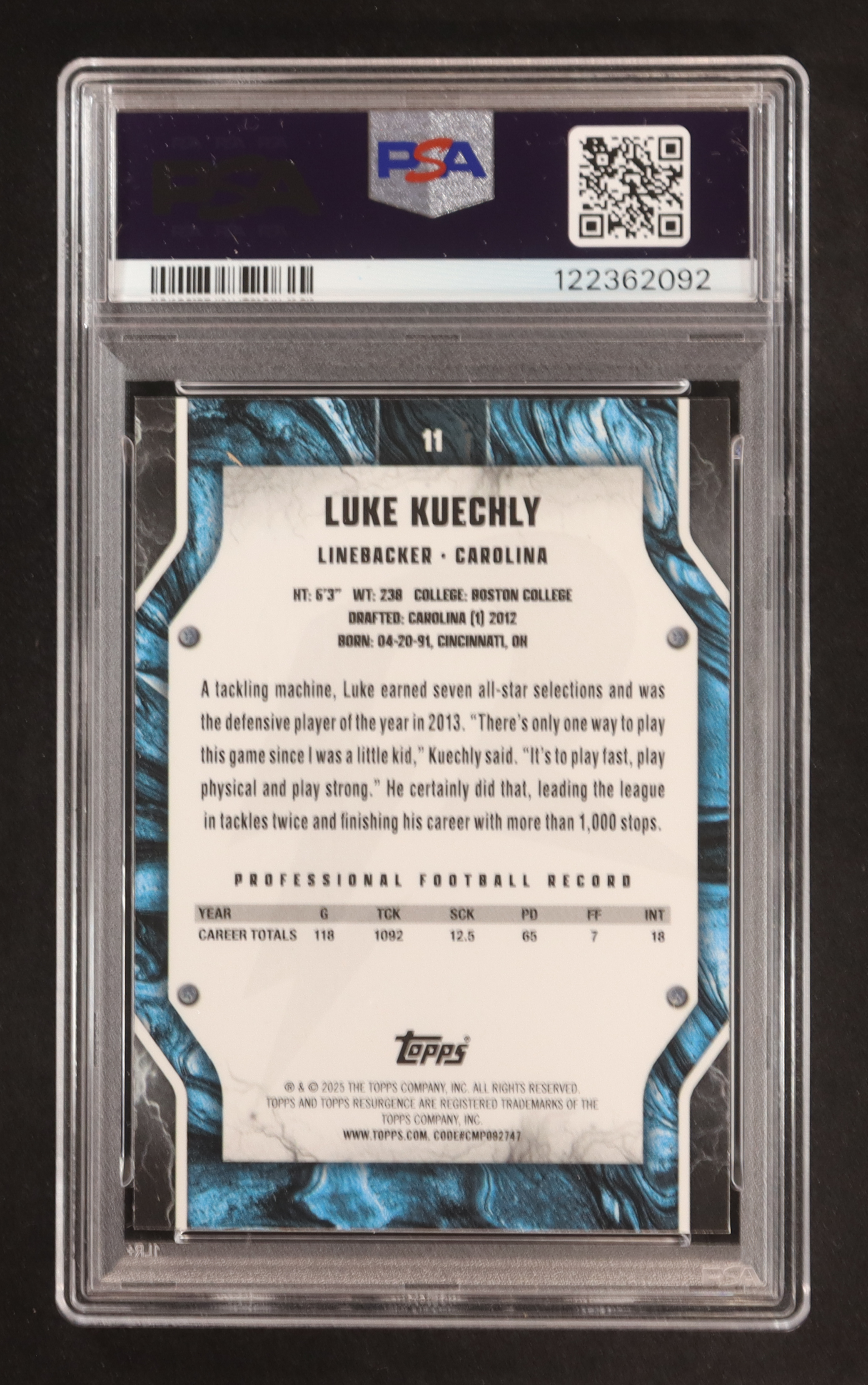 Luke Kuechly 2024 Topps Resurgence Blue and Orange Spark #11 (PSA 10) at PristineAuction.com Luke Kuechly 2024 Topps Resurgence Blue and Orange Spark #11 (PSA 10) at PristineAuction.com