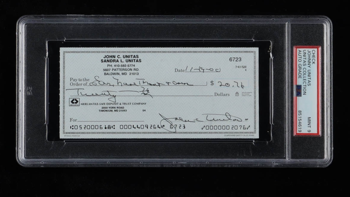 Johnny Unitas Signed 2000 Personal Check (PSA | Autograph Graded 9) at PristineAuction.com Johnny Unitas Signed 2000 Personal Check (PSA | Autograph Graded 9) at PristineAuction.com
