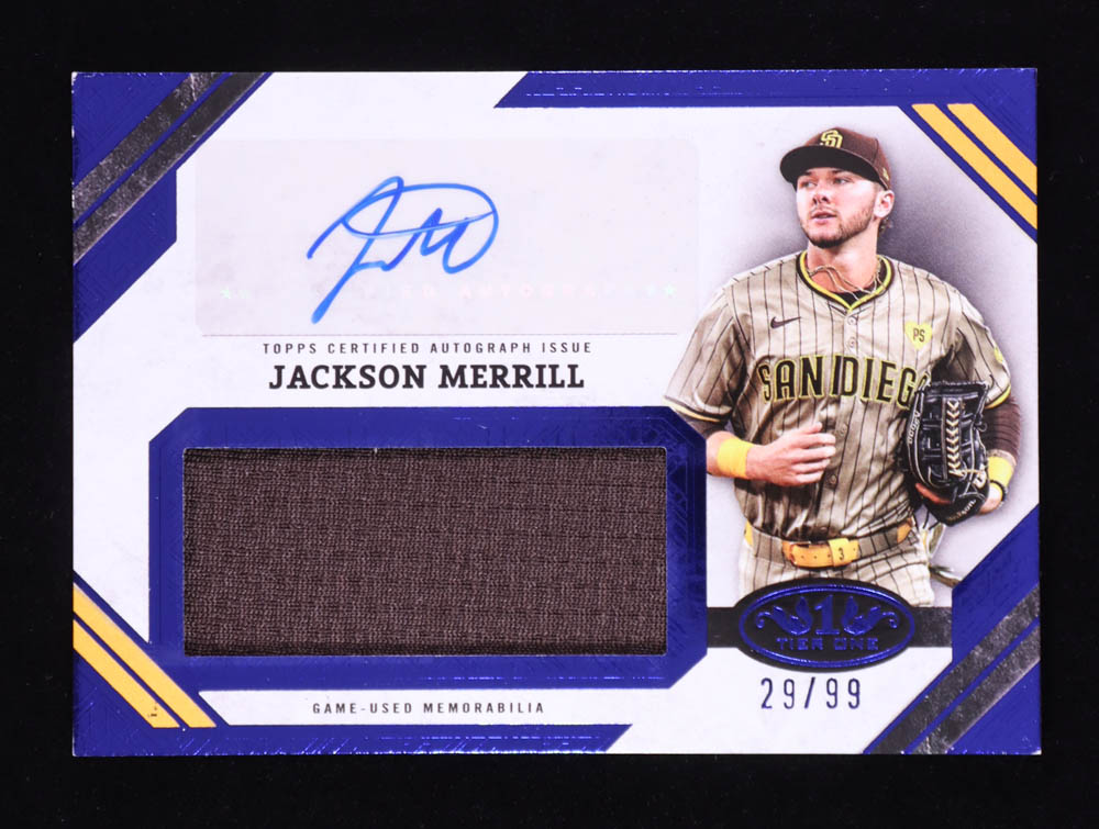 Jackson Merrill 2025 Topps Tier One Jumbo Relic Autographs Blue #AJRJM #29/99 at PristineAuction.com Jackson Merrill 2025 Topps Tier One Jumbo Relic Autographs Blue #AJRJM #29/99 at PristineAuction.com