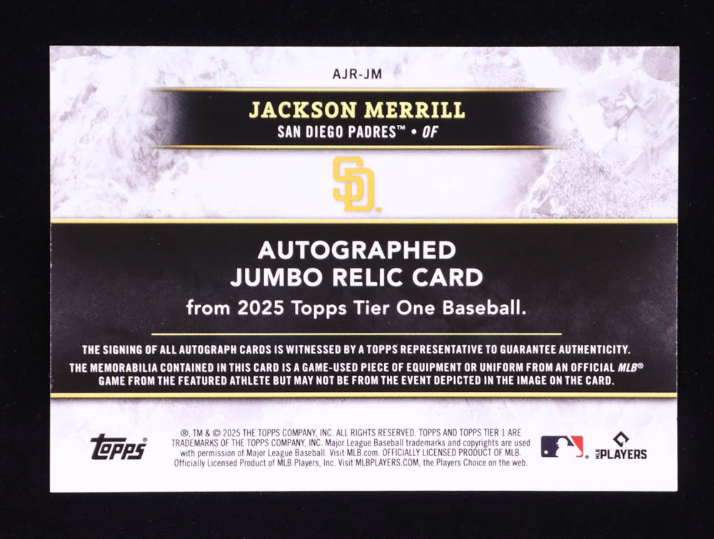 Jackson Merrill 2025 Topps Tier One Jumbo Relic Autographs Blue #AJRJM #29/99 at PristineAuction.com Jackson Merrill 2025 Topps Tier One Jumbo Relic Autographs Blue #AJRJM #29/99 at PristineAuction.com