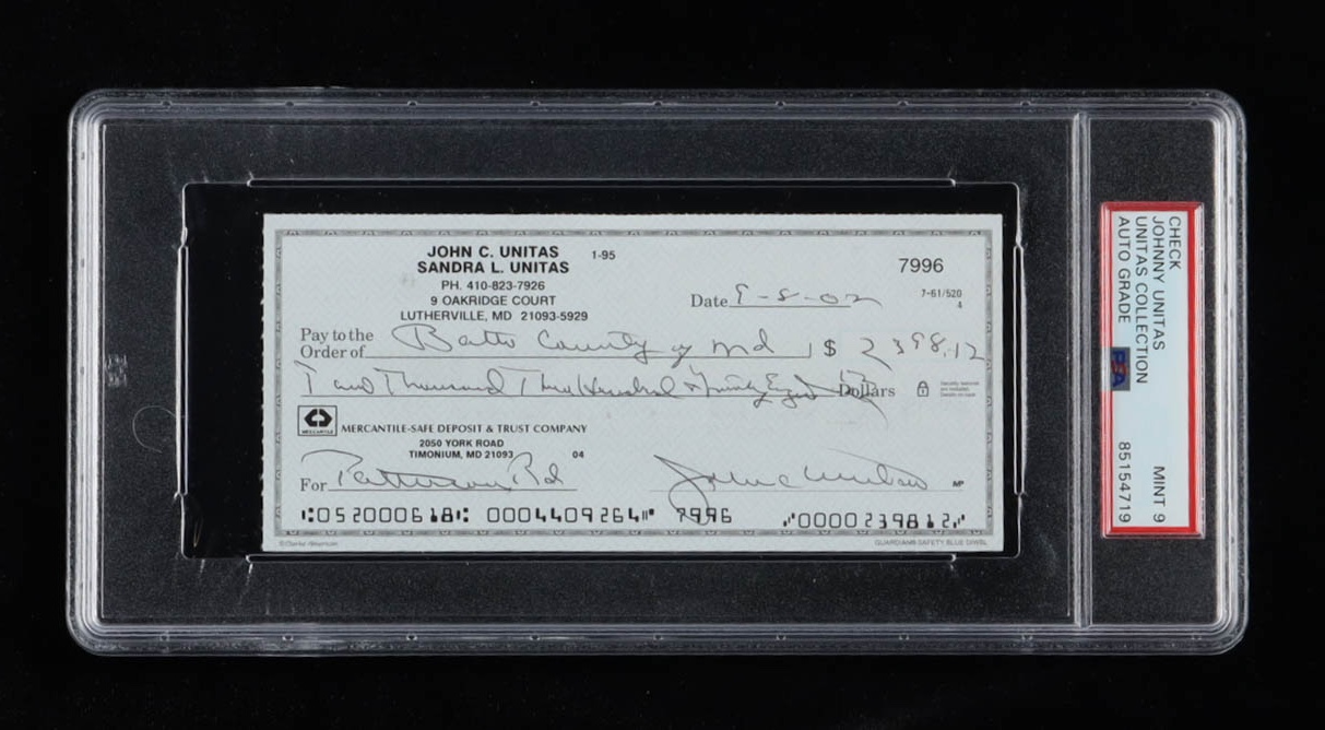 Johnny Unitas Signed 2000 Personal Check (PSA | Autograph Graded 9) at PristineAuction.com Johnny Unitas Signed 2000 Personal Check (PSA | Autograph Graded 9) at PristineAuction.com