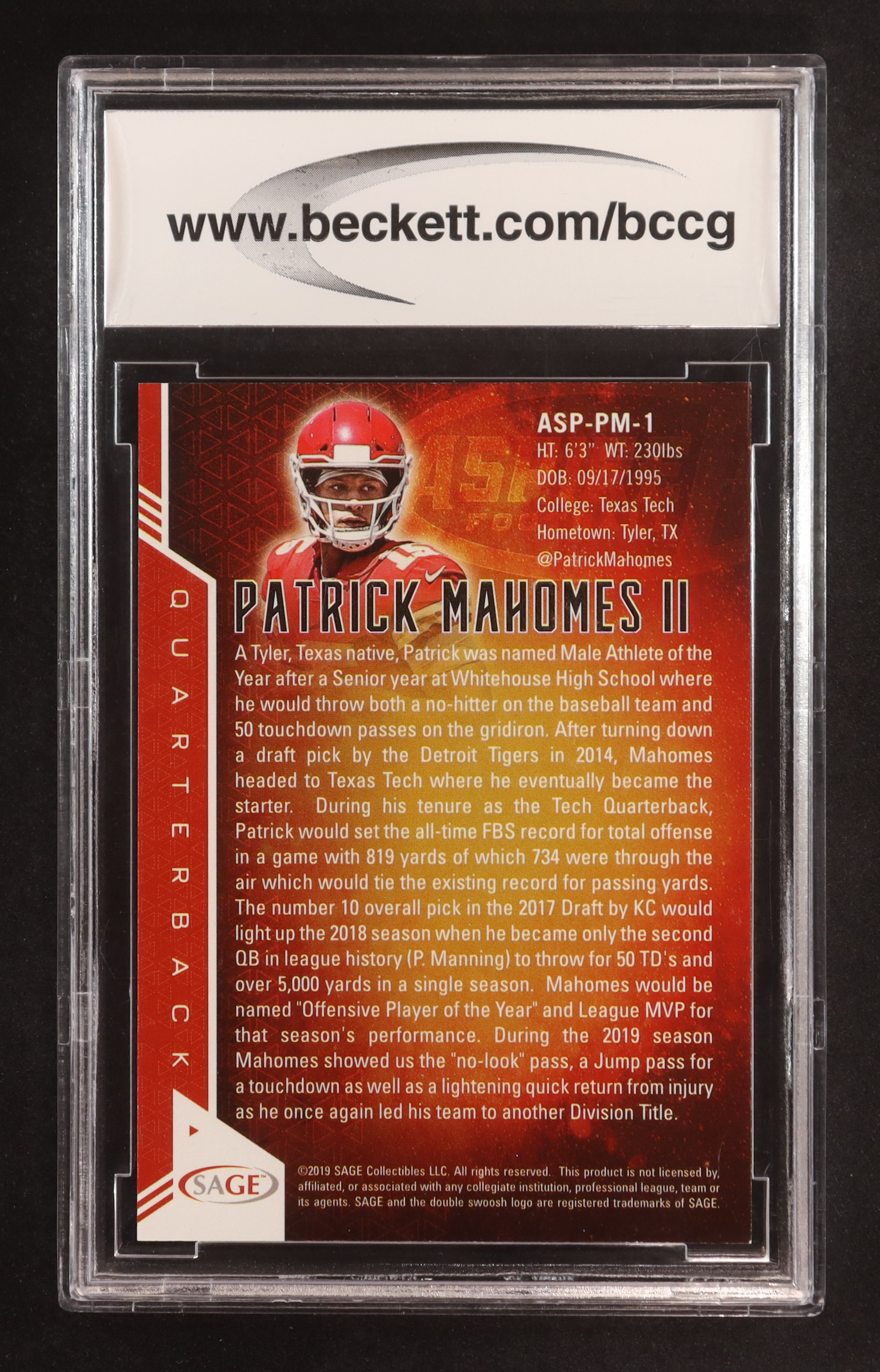 Patrick Mahomes 2019 SAGE Aspire Red #ASPPM1 (BCCG 10) at PristineAuction.com Patrick Mahomes 2019 SAGE Aspire Red #ASPPM1 (BCCG 10) at PristineAuction.com