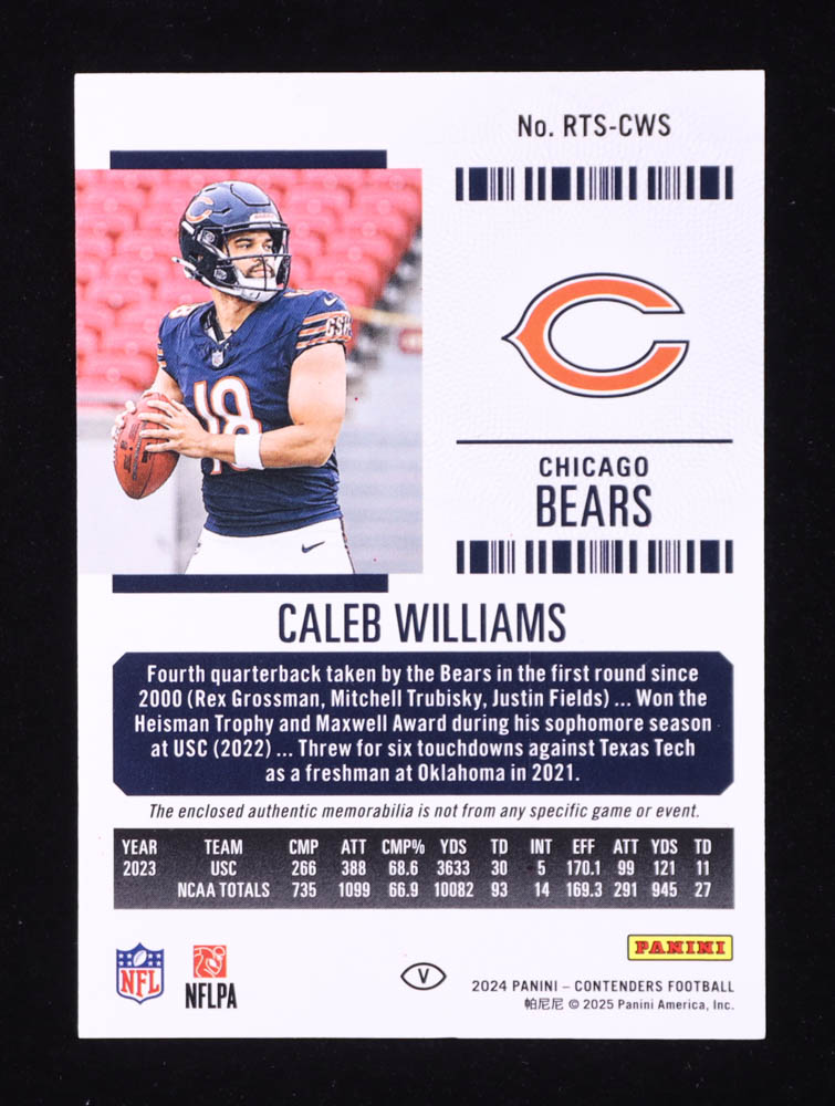 Caleb Williams 2024 Panini Contenders Rookie Ticket Swatches Variations #1 RC at PristineAuction.com Caleb Williams 2024 Panini Contenders Rookie Ticket Swatches Variations #1 RC at PristineAuction.com