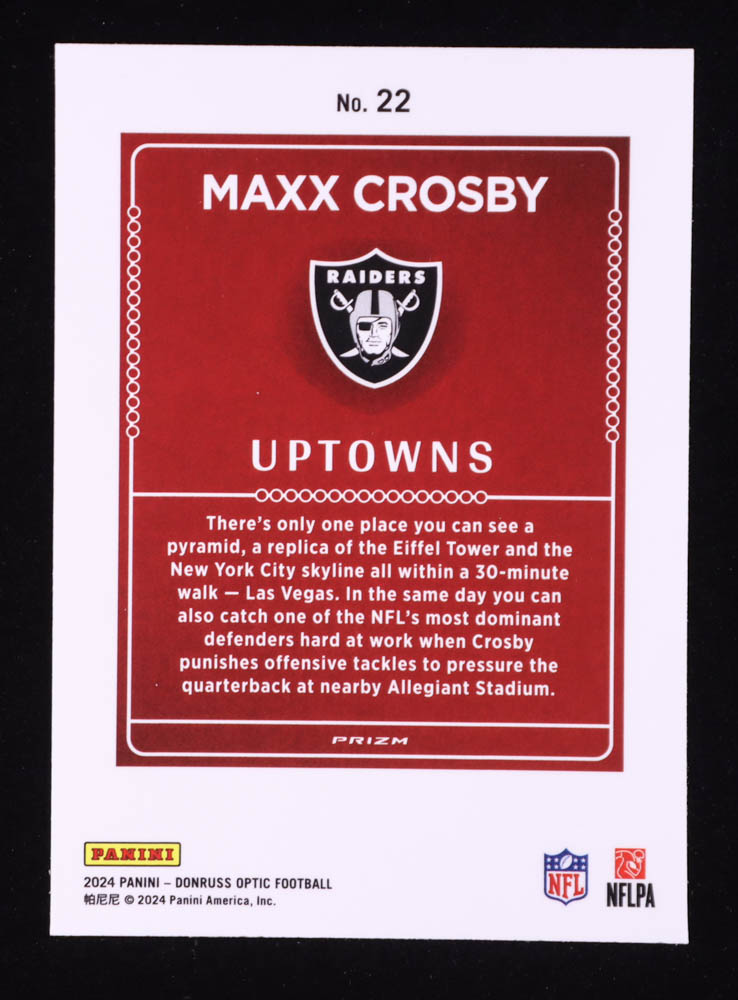 Maxx Crosby 2024 Donruss Optic Uptowns #22 at PristineAuction.com Maxx Crosby 2024 Donruss Optic Uptowns #22 at PristineAuction.com