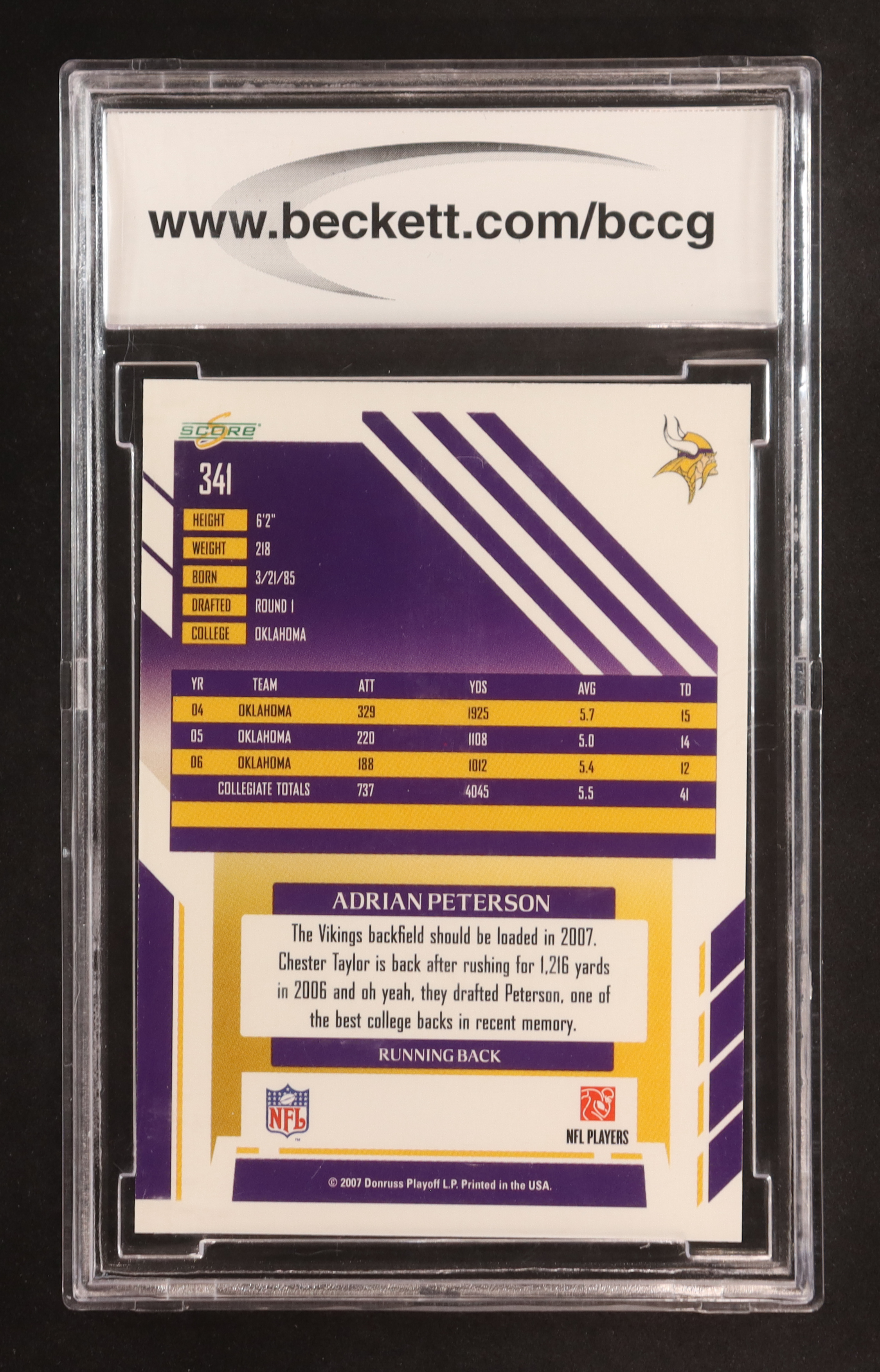 Adrian Peterson 2007 Score #341 RC (BCCG 10) at PristineAuction.com Adrian Peterson 2007 Score #341 RC (BCCG 10) at PristineAuction.com