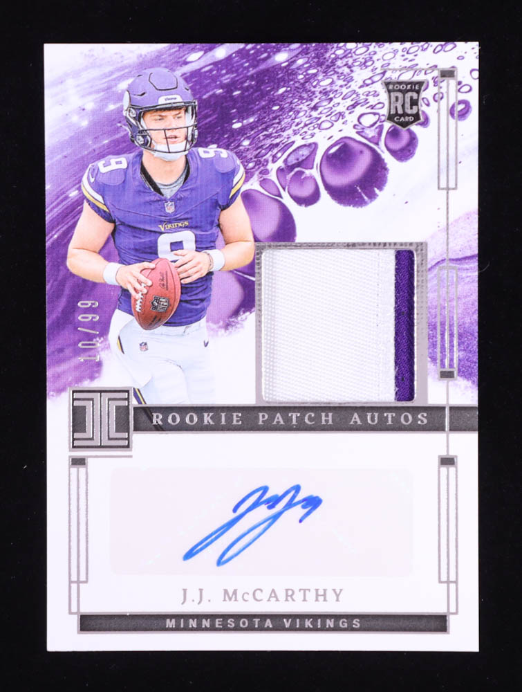 JJ McCarthy 2024 Panini Impeccable Rookie Patch Autographs #2 RC #10/99 at PristineAuction.com JJ McCarthy 2024 Panini Impeccable Rookie Patch Autographs #2 RC #10/99 at PristineAuction.com