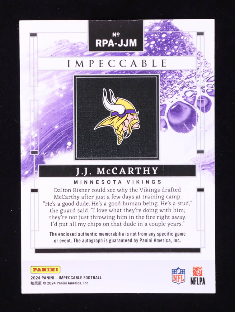 JJ McCarthy 2024 Panini Impeccable Rookie Patch Autographs #2 RC #10/99 at PristineAuction.com JJ McCarthy 2024 Panini Impeccable Rookie Patch Autographs #2 RC #10/99 at PristineAuction.com