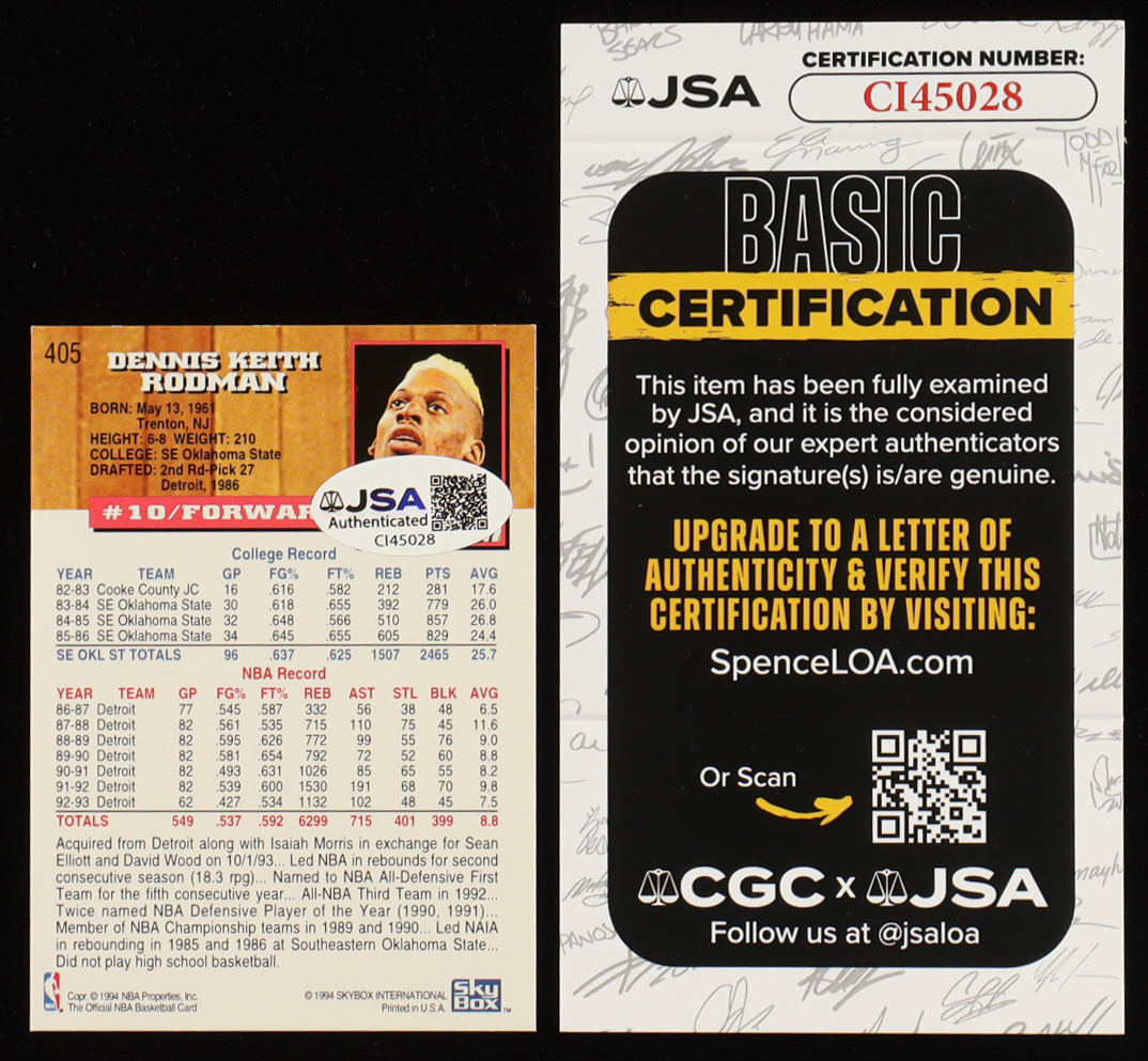 Dennis Rodman Signed 1993-94 Hoops #405 (JSA) at PristineAuction.com Dennis Rodman Signed 1993-94 Hoops #405 (JSA) at PristineAuction.com