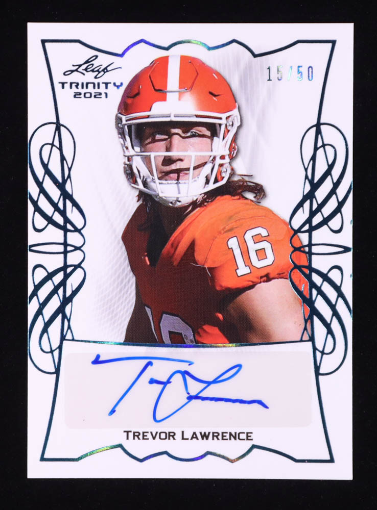 Trevor Lawrence 2021 Leaf Trinity Portrait Autographs Platinum Spectrum #TPATL1 RC #15/50 at PristineAuction.com Trevor Lawrence 2021 Leaf Trinity Portrait Autographs Platinum Spectrum #TPATL1 RC #15/50 at PristineAuction.com