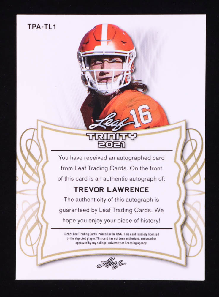 Trevor Lawrence 2021 Leaf Trinity Portrait Autographs Platinum Spectrum #TPATL1 RC #15/50 at PristineAuction.com Trevor Lawrence 2021 Leaf Trinity Portrait Autographs Platinum Spectrum #TPATL1 RC #15/50 at PristineAuction.com
