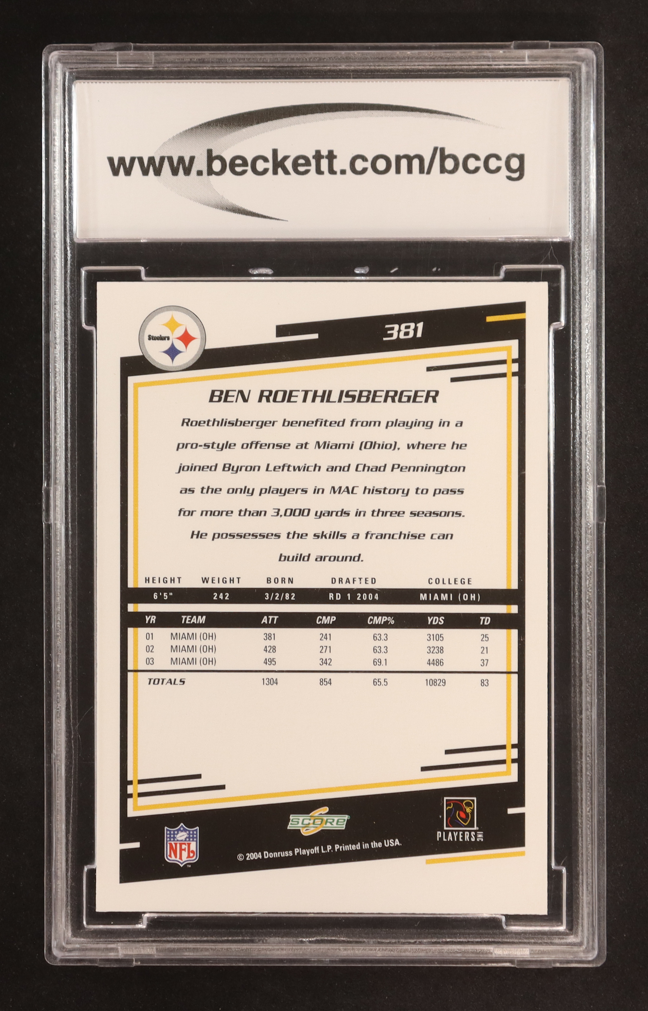 Ben Roethlisberger 2004 Score #381 RC (BCCG 10) at PristineAuction.com Ben Roethlisberger 2004 Score #381 RC (BCCG 10) at PristineAuction.com