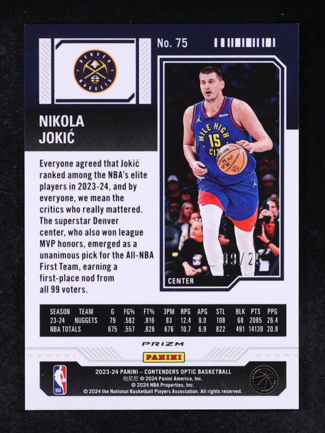 Nikola Jokic 2023-24 Panini Contenders Optic Green Pulsar #75 #09/25 at PristineAuction.com Nikola Jokic 2023-24 Panini Contenders Optic Green Pulsar #75 #09/25 at PristineAuction.com