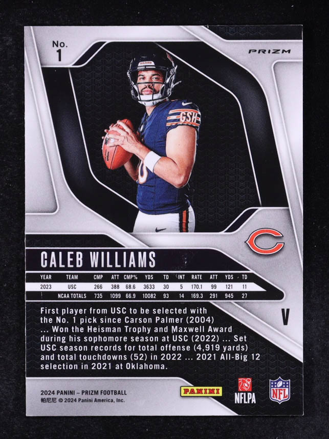 Caleb Williams 2024 Panini Prizm Rookie Variations Prizms Silver #1 RC at PristineAuction.com Caleb Williams 2024 Panini Prizm Rookie Variations Prizms Silver #1 RC at PristineAuction.com