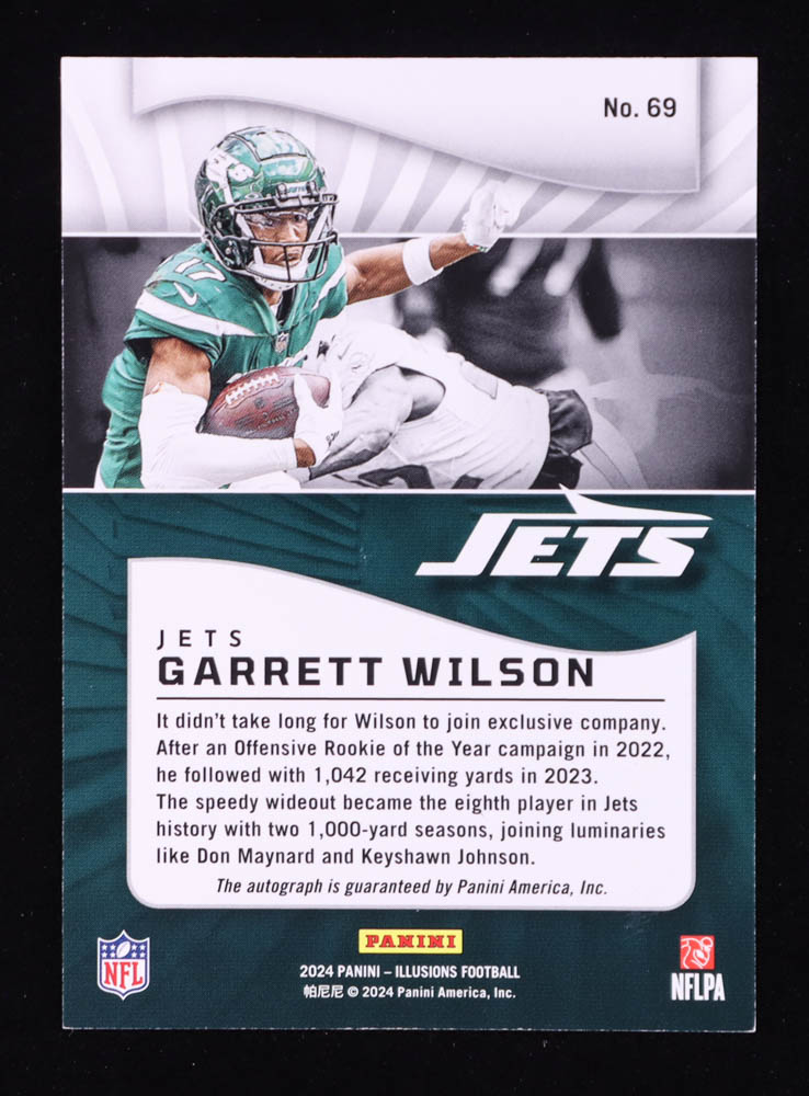 Garrett Wilson 2024 Panini Illusions Trophy Collection Signatures #69 #197/199 at PristineAuction.com Garrett Wilson 2024 Panini Illusions Trophy Collection Signatures #69 #197/199 at PristineAuction.com