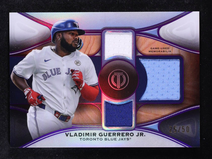 Vladimir Guerrero Jr. 2025 Topps Tribute Triple Relics Purple #TTRVG #25/50 at PristineAuction.com Vladimir Guerrero Jr. 2025 Topps Tribute Triple Relics Purple #TTRVG #25/50 at PristineAuction.com