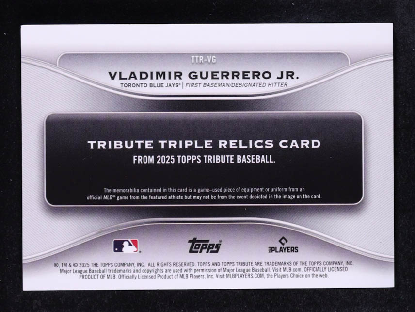 Vladimir Guerrero Jr. 2025 Topps Tribute Triple Relics Purple #TTRVG #25/50 at PristineAuction.com Vladimir Guerrero Jr. 2025 Topps Tribute Triple Relics Purple #TTRVG #25/50 at PristineAuction.com