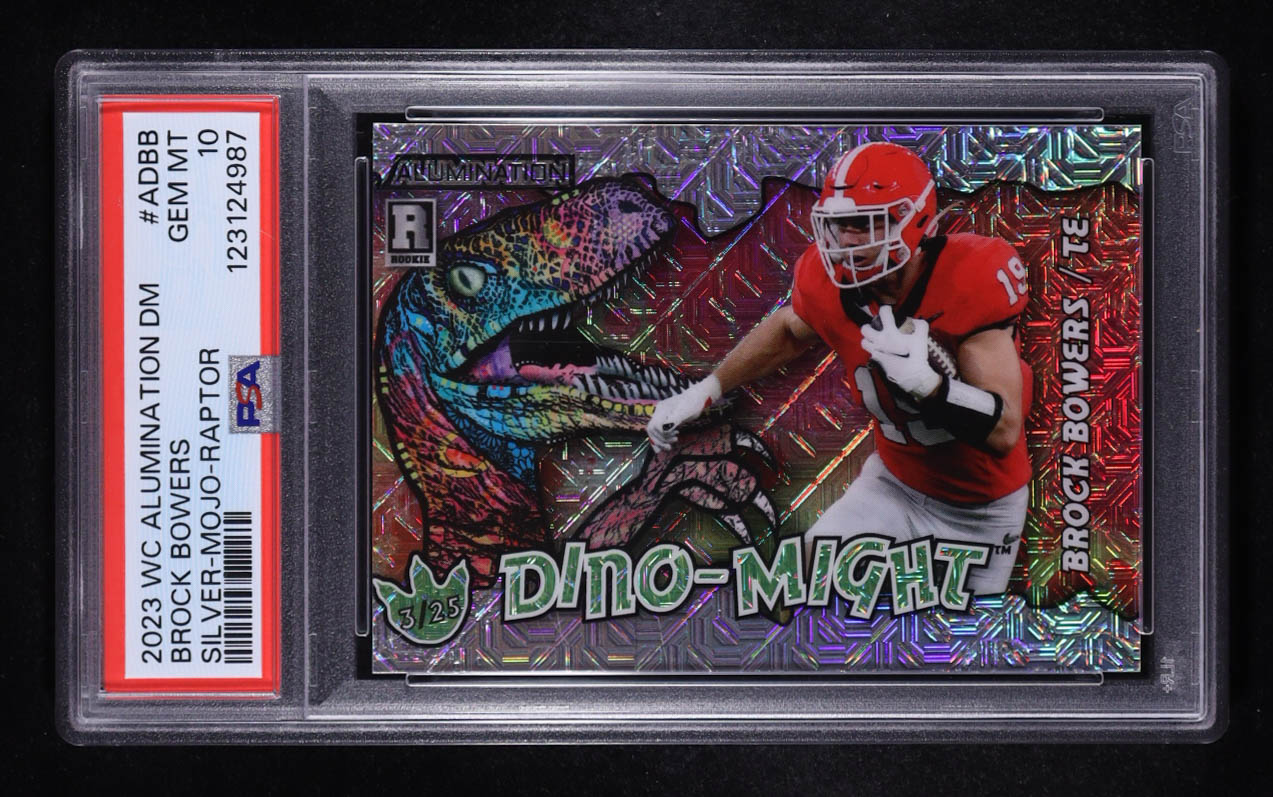 Brock Bowers 2023 Wild Card Alumination Dino-Might Raptor Silver Mojo #ADBB #03/25 RC (PSA 10) at PristineAuction.com Brock Bowers 2023 Wild Card Alumination Dino-Might Raptor Silver Mojo #ADBB #03/25 RC (PSA 10) at PristineAuction.com