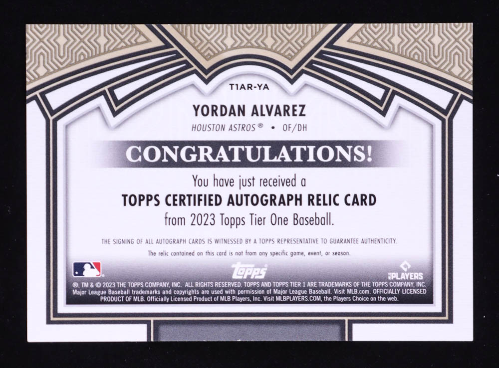 Yordan Alvarez 2023 Topps Tier One Autograph Relics #T1ARYA #93/99 at PristineAuction.com Yordan Alvarez 2023 Topps Tier One Autograph Relics #T1ARYA #93/99 at PristineAuction.com
