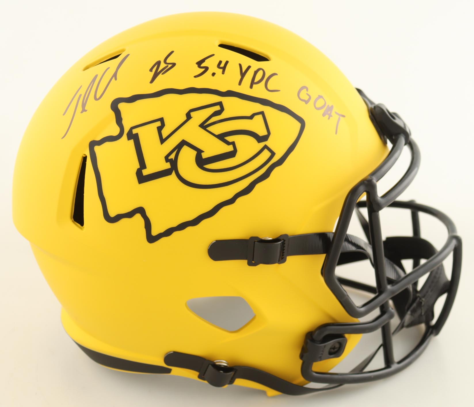 Jamaal Charles Signed Chiefs Full-Size Rave Alternate Speed Helmet Inscribed "5.4 YPC Goat" (JSA) at PristineAuction.com Jamaal Charles Signed Chiefs Full-Size Rave Alternate Speed Helmet Inscribed "5.4 YPC Goat" (JSA) at PristineAuction.com