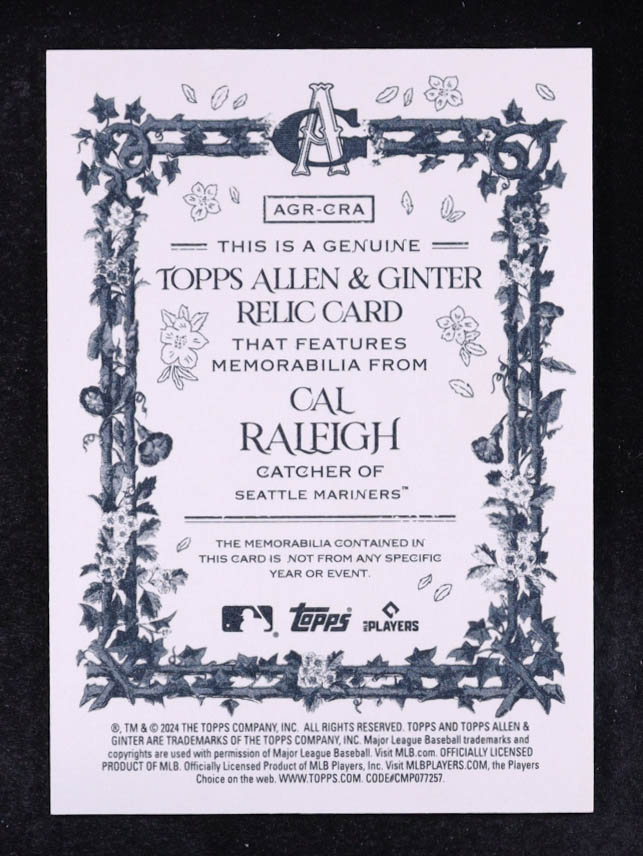 Cal Raleigh 2024 Topps Allen and Ginter Relics #AGRCRA B at PristineAuction.com Cal Raleigh 2024 Topps Allen and Ginter Relics #AGRCRA B at PristineAuction.com