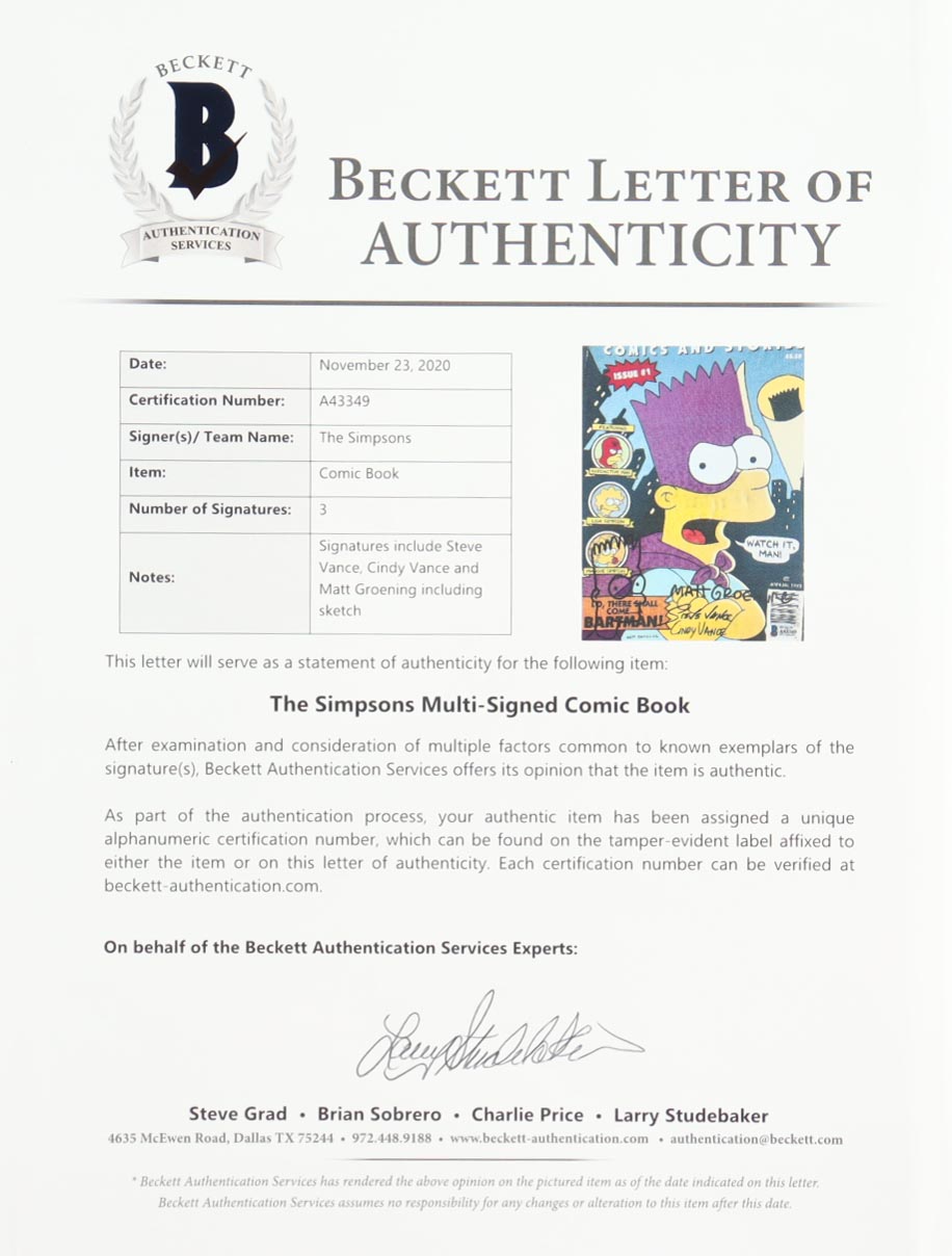 Matt Groening, Cindy Vance & Steve Vance Signed "Simpsons Comics & Stories" Issue #1 Comic Book With Hand-Drawn Bart Sketch (CBCS) at PristineAuction.com Matt Groening, Cindy Vance & Steve Vance Signed "Simpsons Comics & Stories" Issue #1 Comic Book With Hand-Drawn Bart Sketch (CBCS) at PristineAuction.com