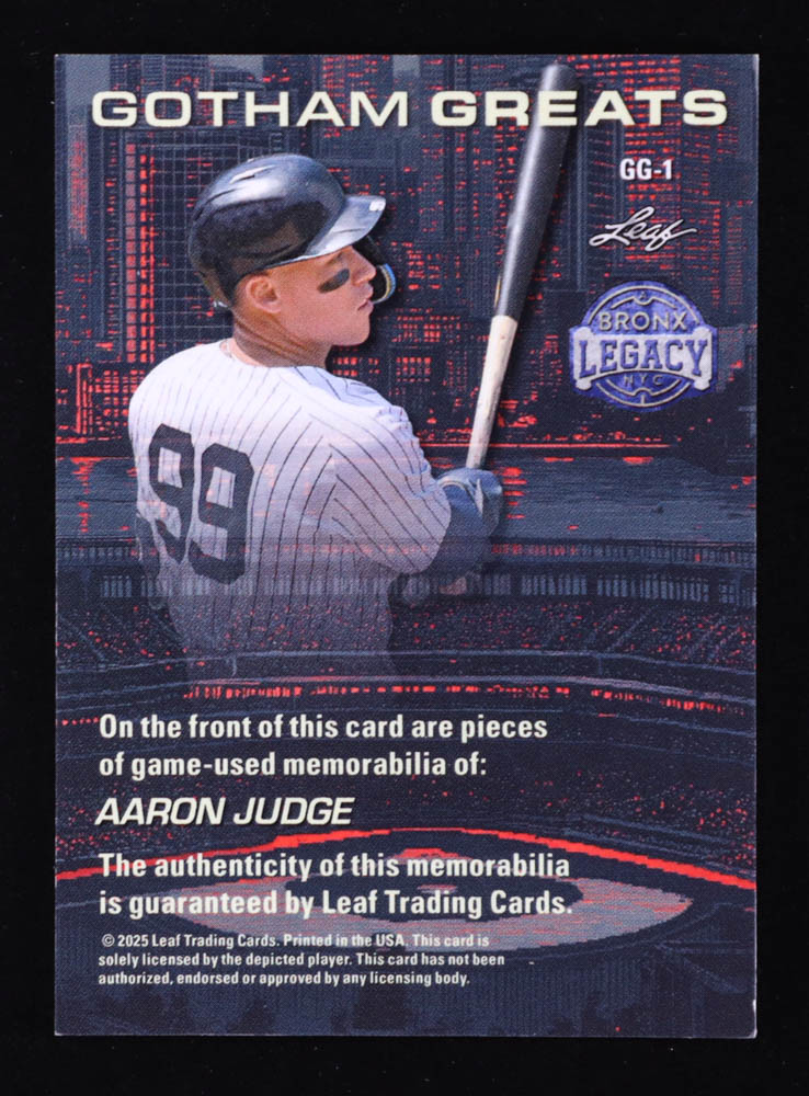 Aaron Judge 2025 Leaf A Bronx Legacy Gotham Greats Memorabilia Spectrum Bronze Holofoil #GG1 #11/12 at PristineAuction.com Aaron Judge 2025 Leaf A Bronx Legacy Gotham Greats Memorabilia Spectrum Bronze Holofoil #GG1 #11/12 at PristineAuction.com