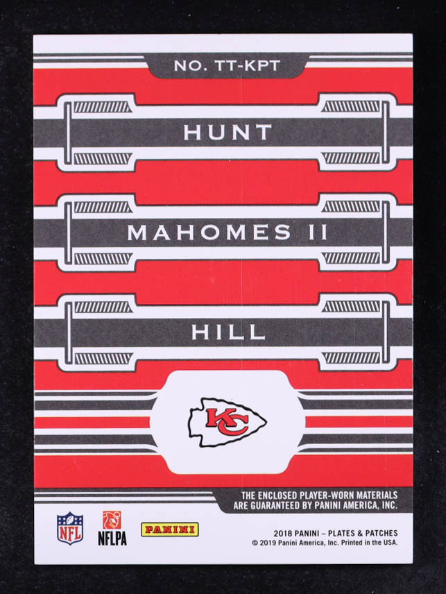 Kareem Hunt / Patrick Mahomes II / Tyreek Hill 2018 Panini Plates and Patches Talented Trios Patches Blue #19 #31/40 at PristineAuction.com Kareem Hunt / Patrick Mahomes II / Tyreek Hill 2018 Panini Plates and Patches Talented Trios Patches Blue #19 #31/40 at PristineAuction.com