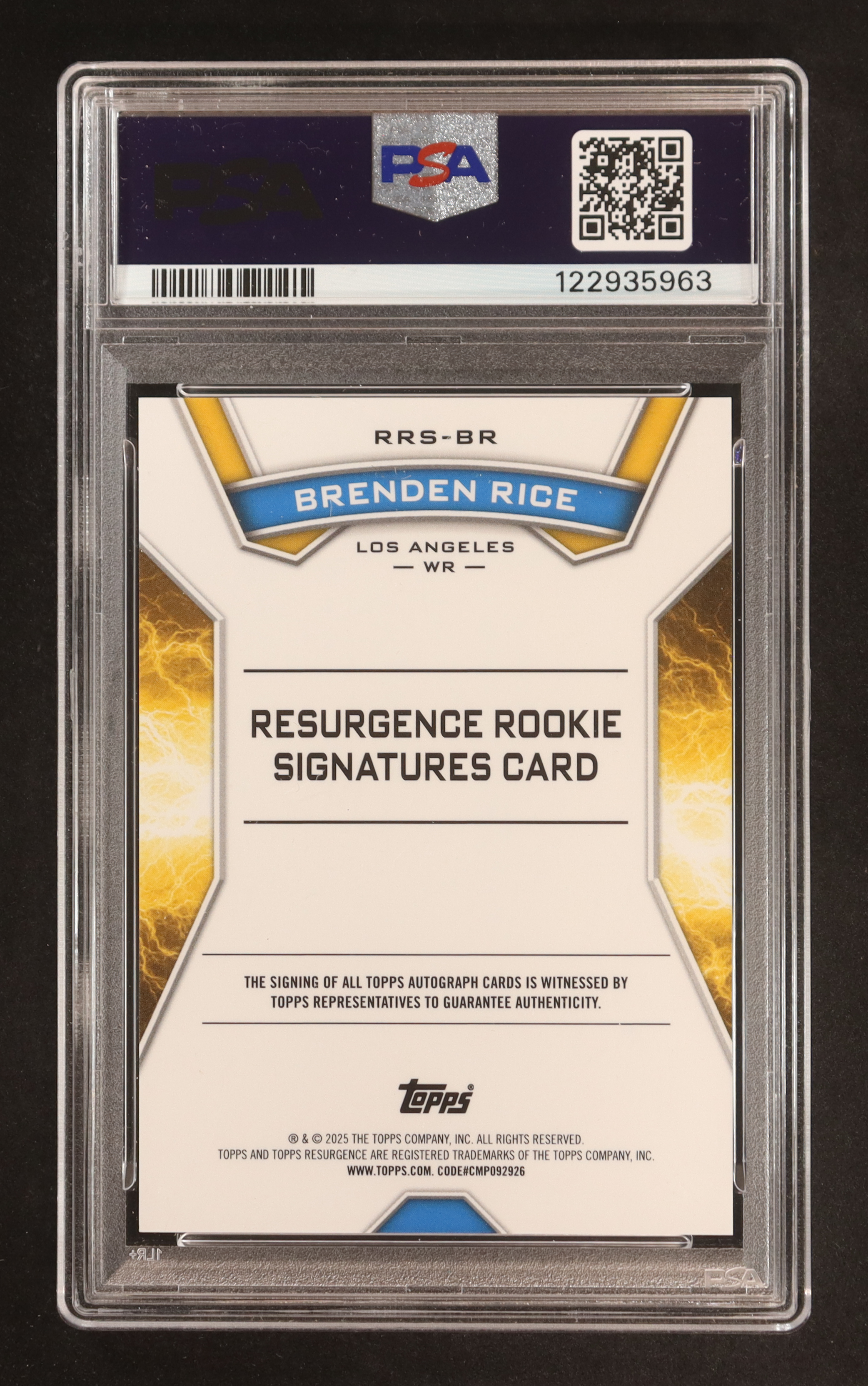 Brenden Rice 2024 Topps Resurgence Resurgence Rookie Signatures #RRSBR RC (PSA 10 | Autograph Graded PSA 10) at PristineAuction.com Brenden Rice 2024 Topps Resurgence Resurgence Rookie Signatures #RRSBR RC (PSA 10 | Autograph Graded PSA 10) at PristineAuction.com
