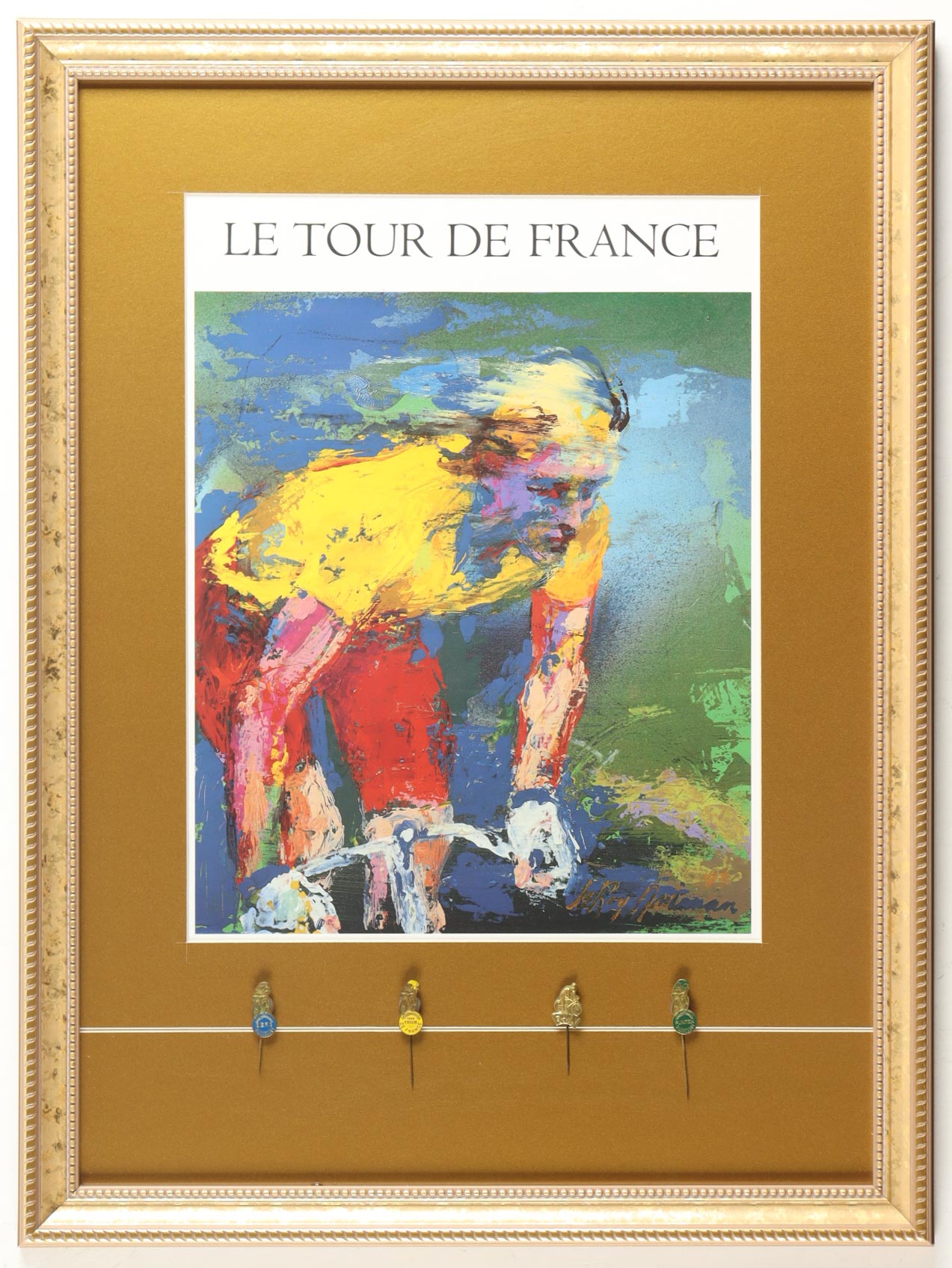 Leroy Neiman "Tour De France" Custom Framed Art Print With (4) Vintage Tour De France Pins at PristineAuction.com Leroy Neiman "Tour De France" Custom Framed Art Print With (4) Vintage Tour De France Pins at PristineAuction.com