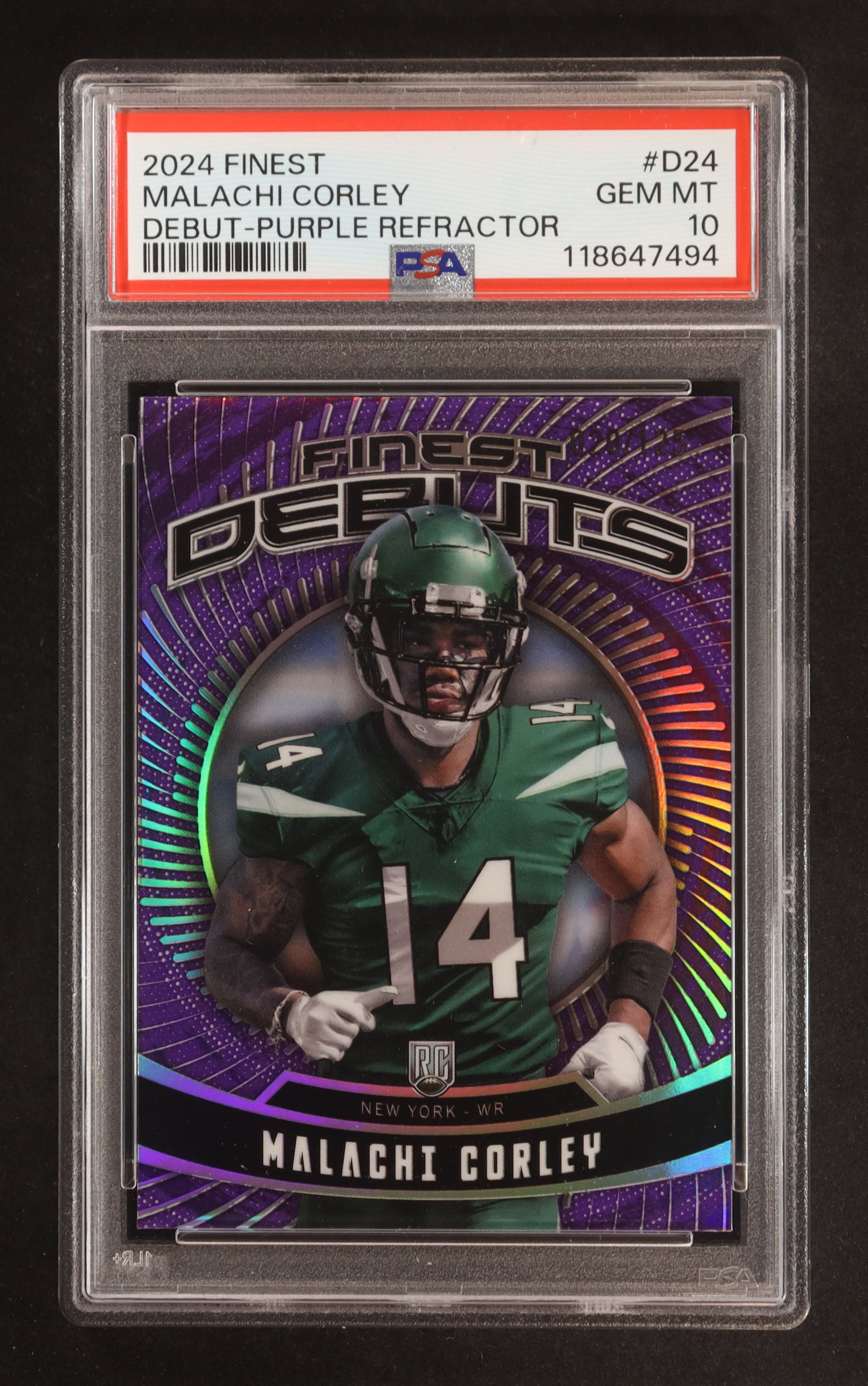 Malachi Corley 2024 Finest Debuts Purple Refractors #D24 RC #20/125 (PSA 10) at PristineAuction.com Malachi Corley 2024 Finest Debuts Purple Refractors #D24 RC #20/125 (PSA 10) at PristineAuction.com