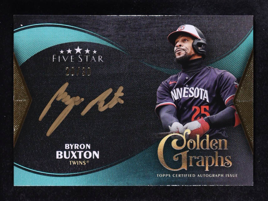 Byron Buxton 2024 Topps Five Star Golden Graphs Aqua #GGBB #20/30 at PristineAuction.com Byron Buxton 2024 Topps Five Star Golden Graphs Aqua #GGBB #20/30 at PristineAuction.com