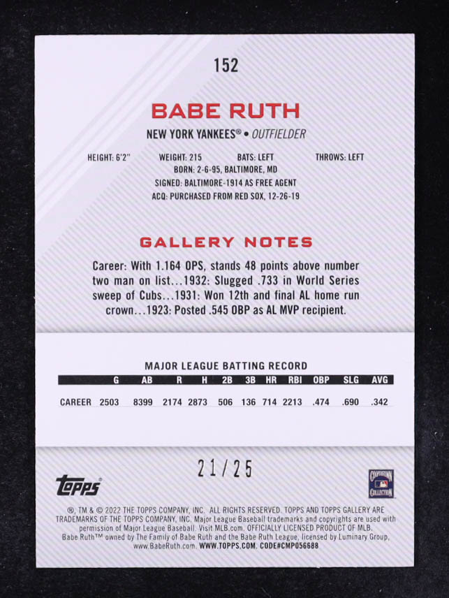 Babe Ruth 2022 Topps Gallery Orange #152 #21/25 at PristineAuction.com Babe Ruth 2022 Topps Gallery Orange #152 #21/25 at PristineAuction.com