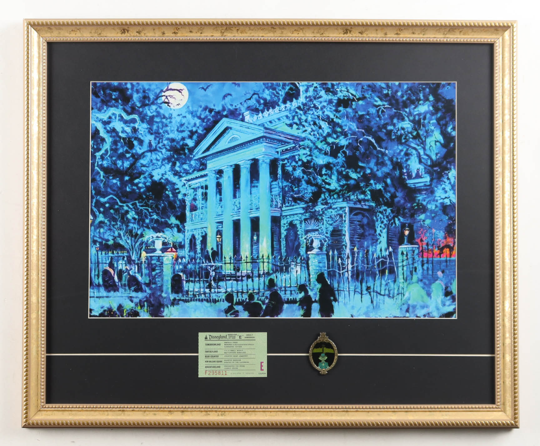 Disney's Haunted Mansion Custom Framed Art Print Display with Vintage E Ticket & Mansion Ride Emblem at PristineAuction.com Disney's Haunted Mansion Custom Framed Art Print Display with Vintage E Ticket & Mansion Ride Emblem at PristineAuction.com
