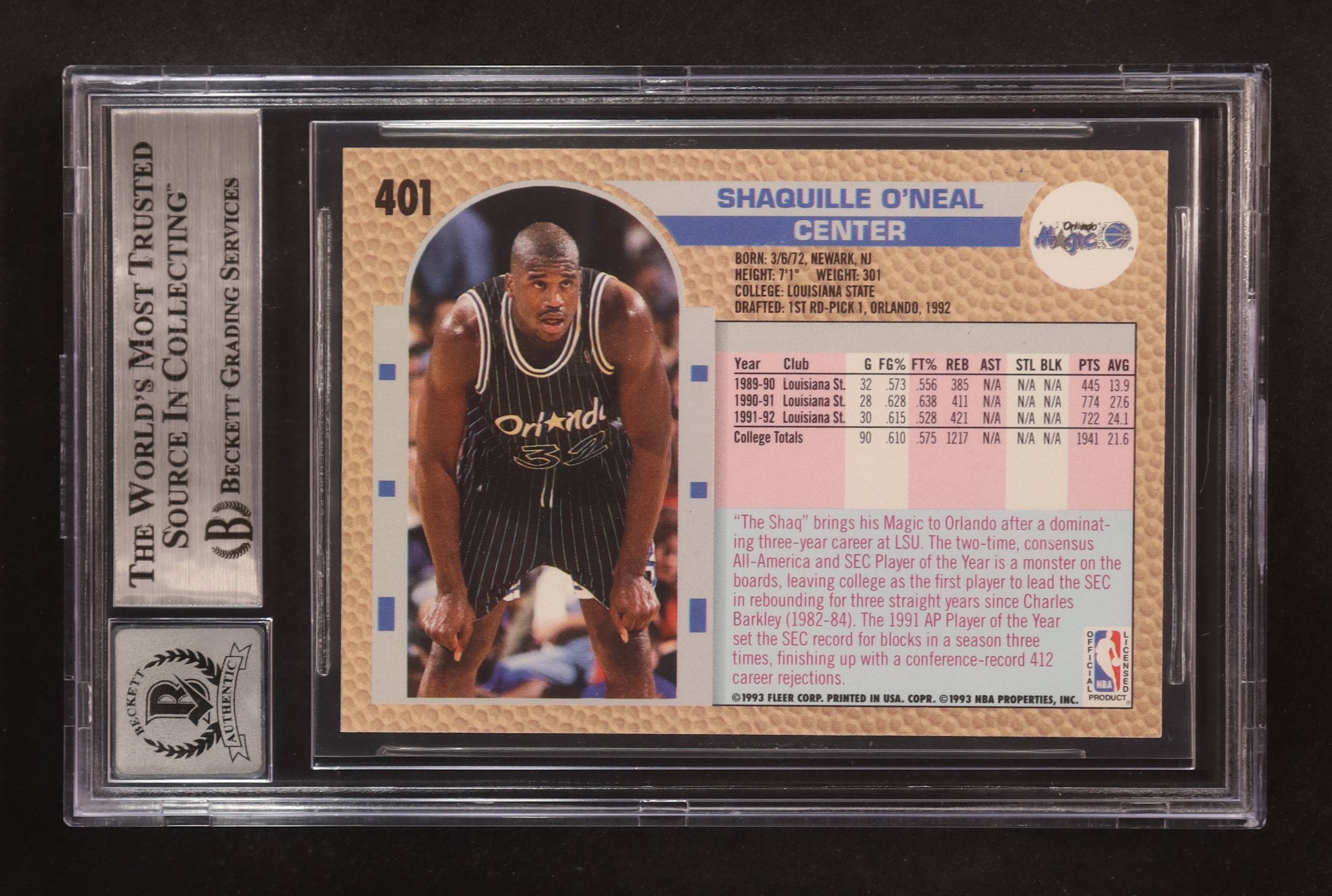 Shaquille O'Neal Signed 1992-93 Fleer #401 RC (BGS | Auto Grade 10) at PristineAuction.com Shaquille O'Neal Signed 1992-93 Fleer #401 RC (BGS | Auto Grade 10) at PristineAuction.com