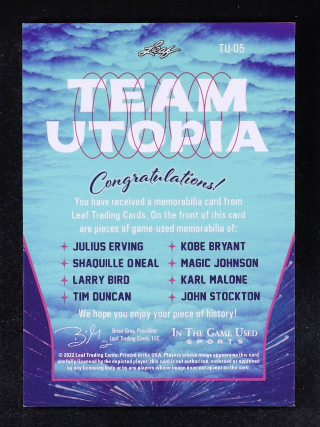 Julius Erving / Kobe Bryant / Shaquille O'Neal / Magic Johnson / Larry Bird / Karl Malone / Tim Duncan / John Stockton 2022 ITG Used Sports Team Utopia Materials Silver Sparkle #TU05 #23/25 at PristineAuction.com Julius Erving / Kobe Bryant / Shaquille O'Neal / Magic Johnson / Larry Bird / Karl Malone / Tim Duncan / John Stockton 2022 ITG Used Sports Team Utopia Materials Silver Sparkle #TU05 #23/25 at PristineAuction.com