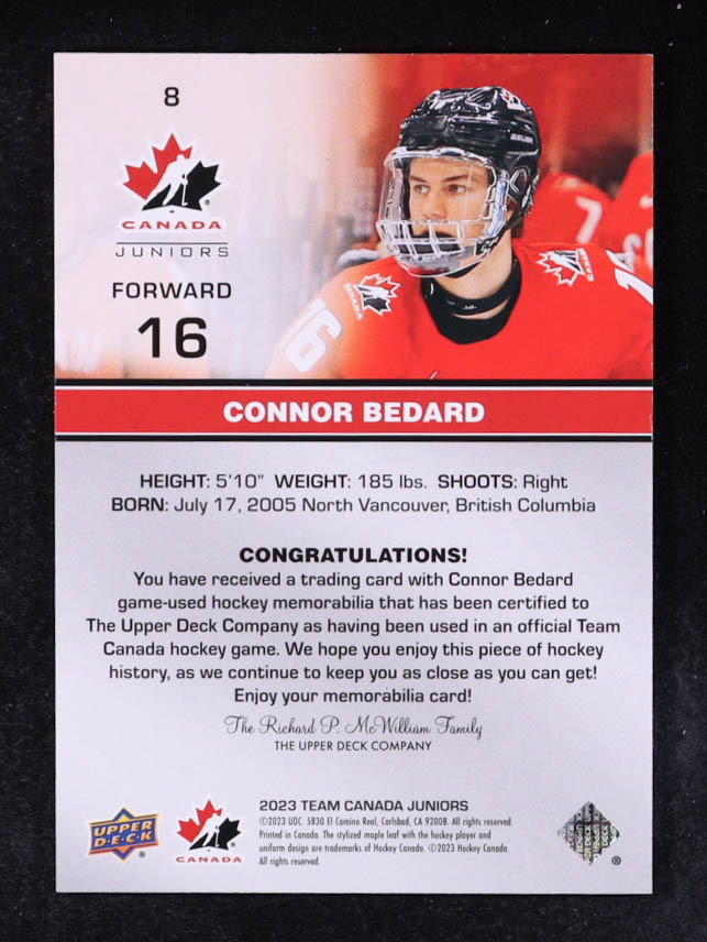 Connor Bedard 2023-24 Upper Deck Team Canada Juniors Jerseys #8 U20 at PristineAuction.com Connor Bedard 2023-24 Upper Deck Team Canada Juniors Jerseys #8 U20 at PristineAuction.com