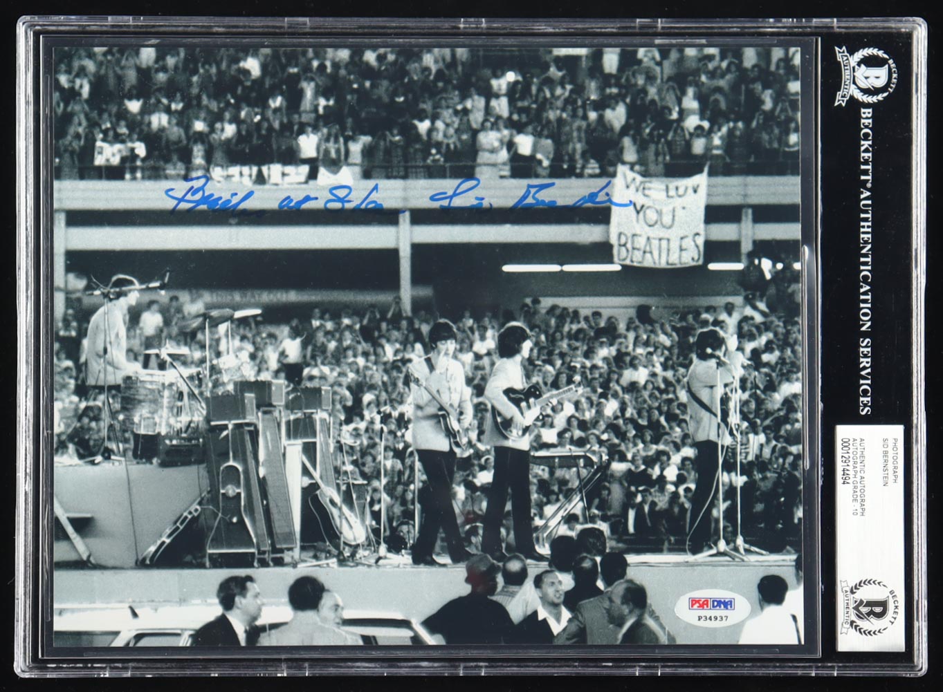 Sid Bernstein Signed 8x10 Photo Inscribed "Beatles At Shea" (PSA | Autograph Grade BAS 10) at PristineAuction.com Sid Bernstein Signed 8x10 Photo Inscribed "Beatles At Shea" (PSA | Autograph Grade BAS 10) at PristineAuction.com