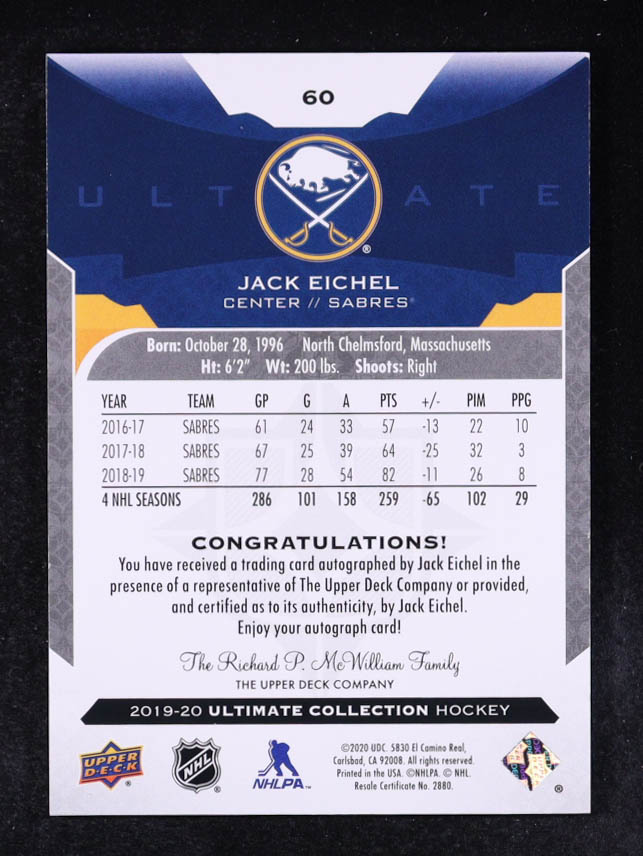 Jack Eichel 2019-20 Ultimate Collection Autographs #60 at PristineAuction.com Jack Eichel 2019-20 Ultimate Collection Autographs #60 at PristineAuction.com