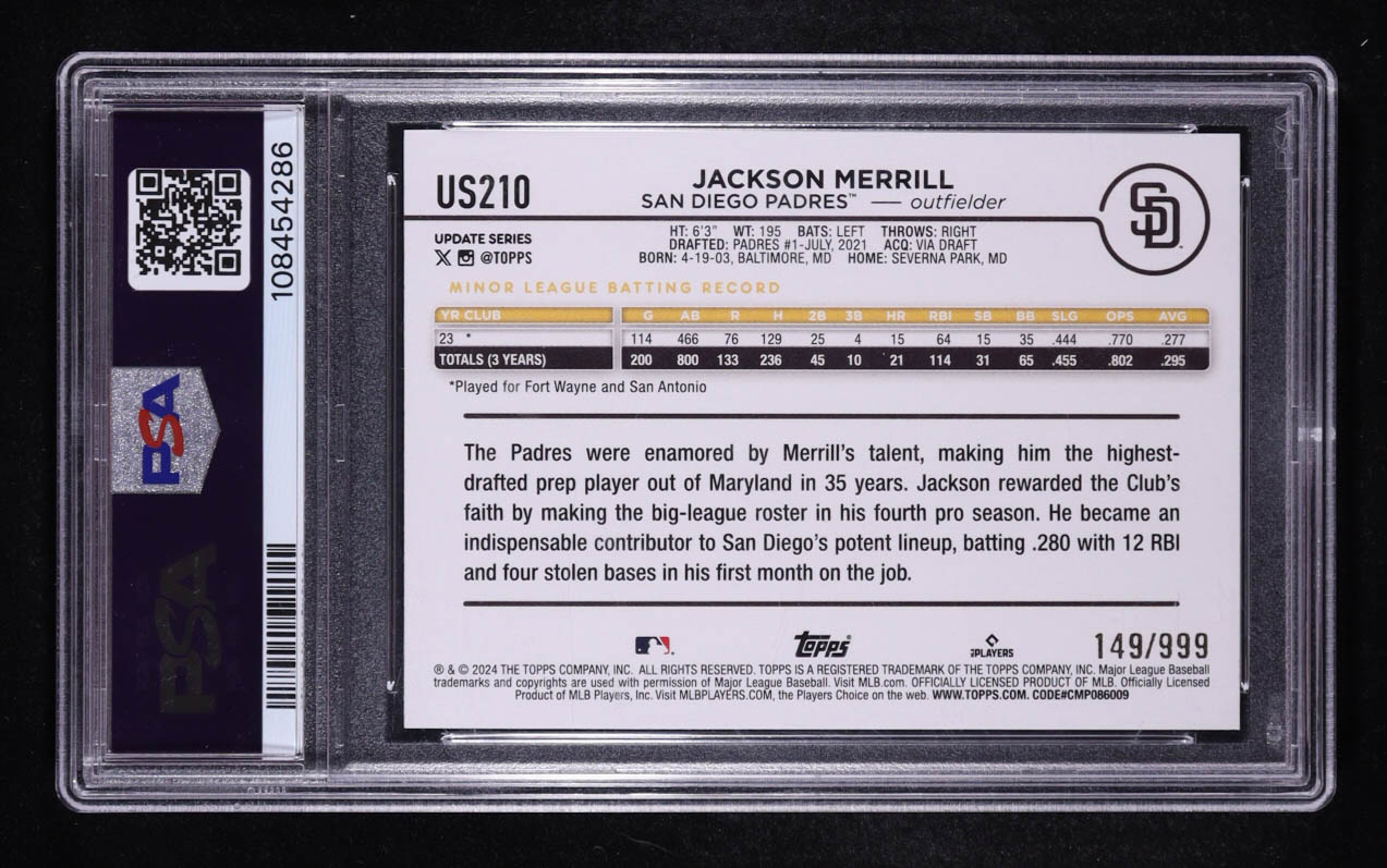 Jackson Merrill 2024 Topps Update Blue Holo Foil #US210 #149/999 RC (PSA 10) at PristineAuction.com Jackson Merrill 2024 Topps Update Blue Holo Foil #US210 #149/999 RC (PSA 10) at PristineAuction.com