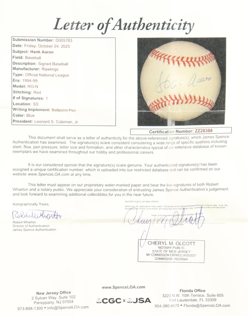 Hank Aaron Signed ONL Baseball With Display Case (JSA) at PristineAuction.com Hank Aaron Signed ONL Baseball With Display Case (JSA) at PristineAuction.com