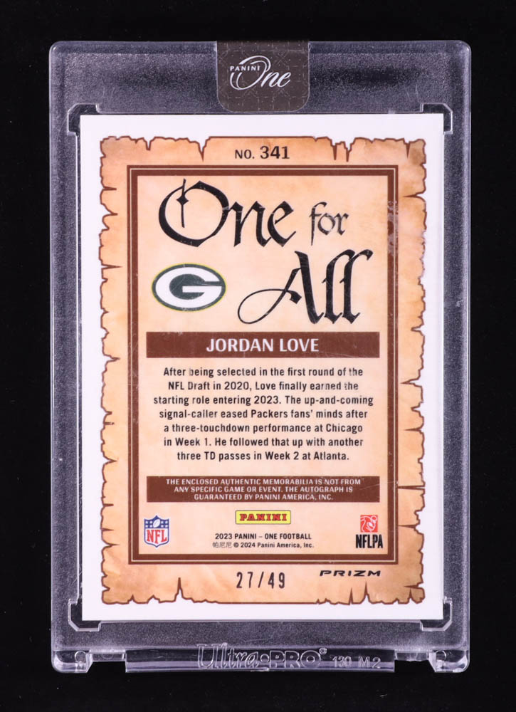 Jordan Love 2023 Panini One One For All Patch Autographs Green #341 #27/49 at PristineAuction.com Jordan Love 2023 Panini One One For All Patch Autographs Green #341 #27/49 at PristineAuction.com