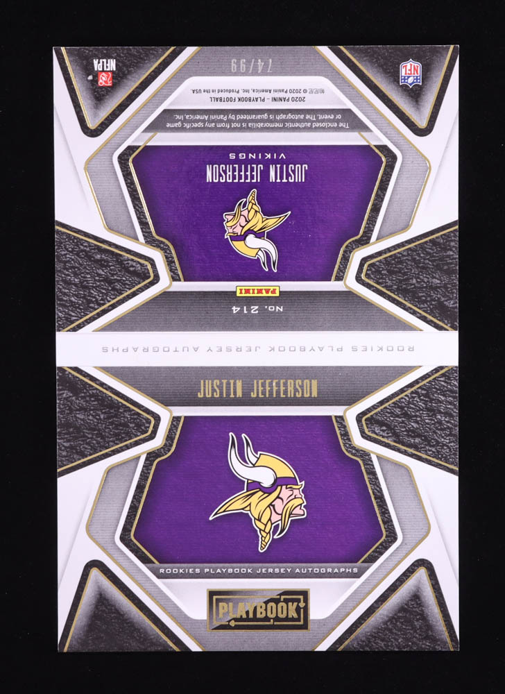Justin Jefferson 2020 Panini Playbook Gold #214 JSY AU RC #74/99 at PristineAuction.com Justin Jefferson 2020 Panini Playbook Gold #214 JSY AU RC #74/99 at PristineAuction.com